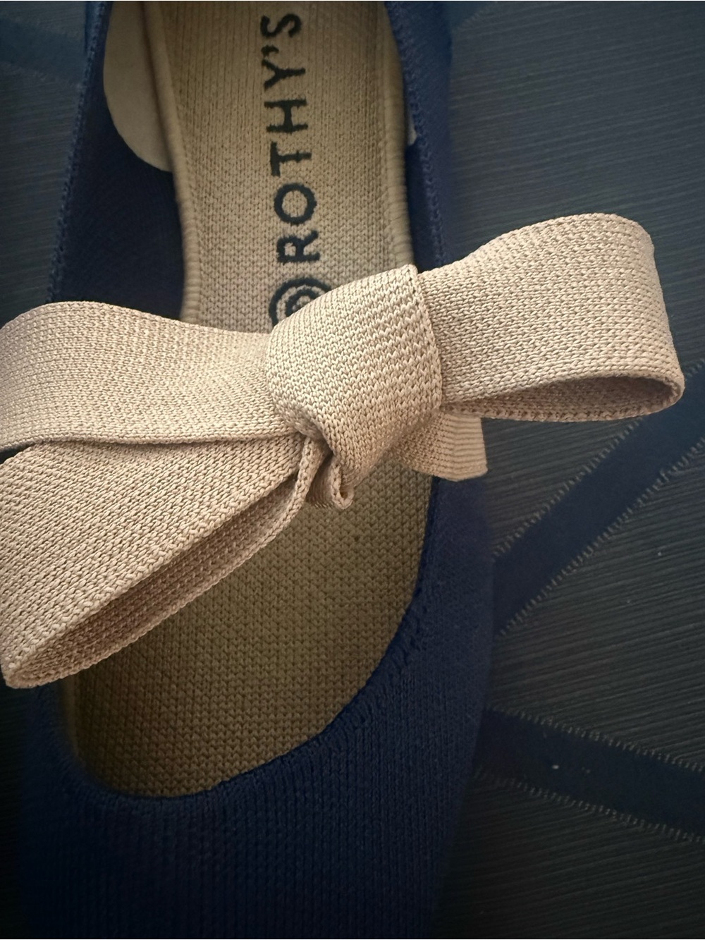 Rothy’s Navy Sapphire Mary Jane Pointed Toe Flats with Pink Bow - Picture 4 of 9